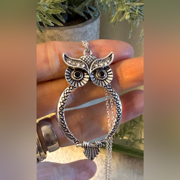 Silvertone Owl Pendant With magnifying glass with chain - Picture 5 of 7